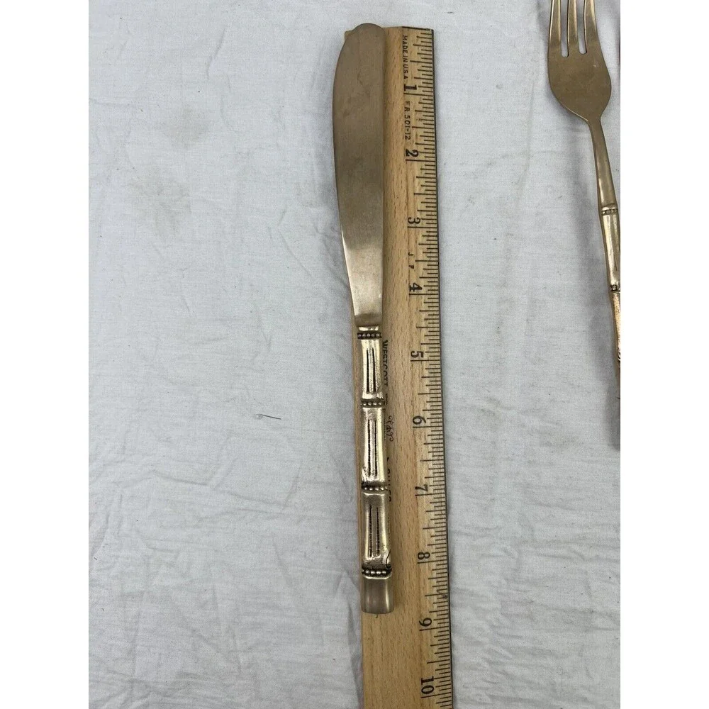 Vtg MCM Nickel Bronze Faux Bamboo Flatware 5 PCs Set Server 1 Retro‎ Decor
